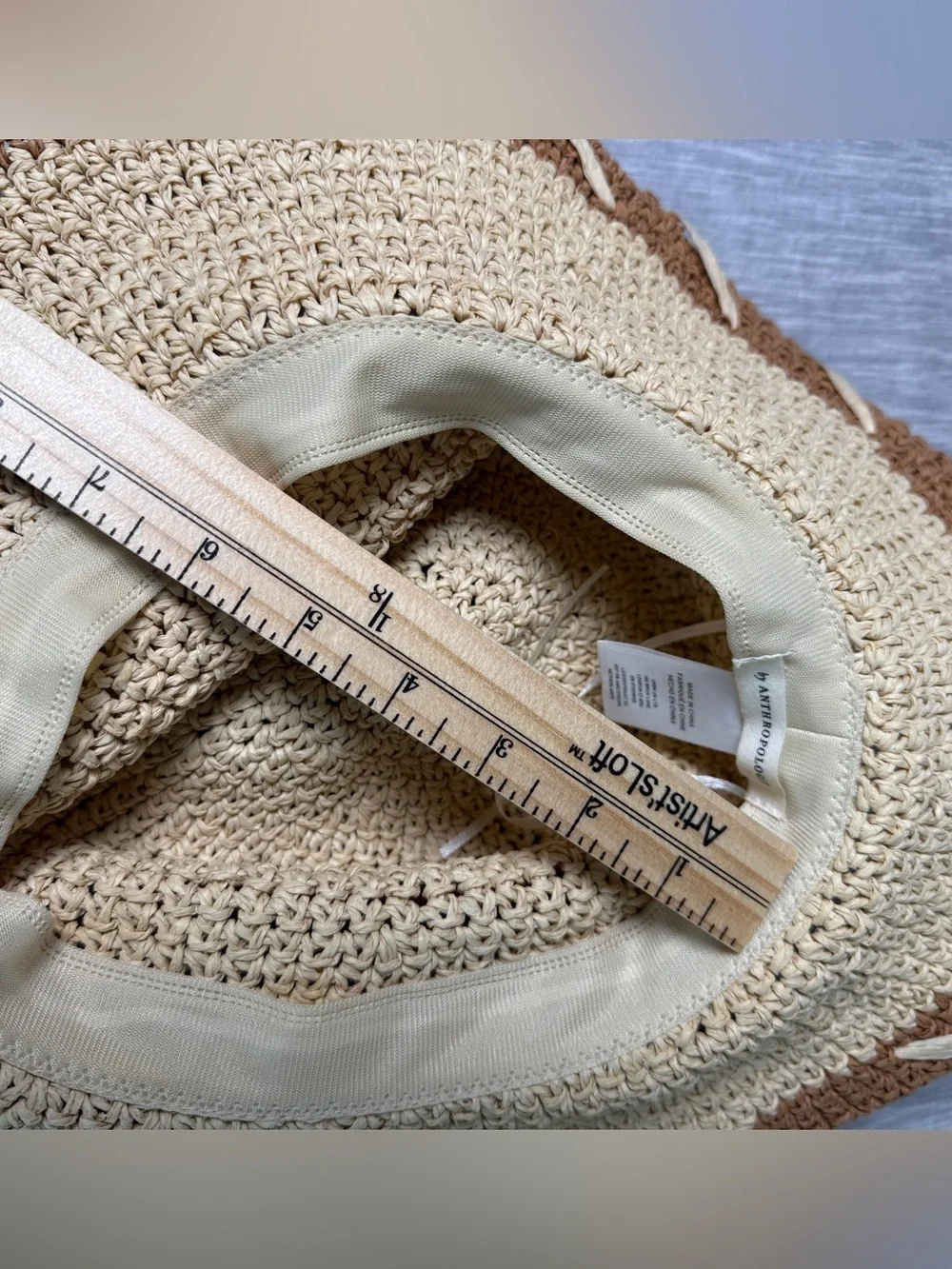 By Anthropologie Crochet Paper Floppy Sun Hat Cream Tan Colorblock Whipstitch OS